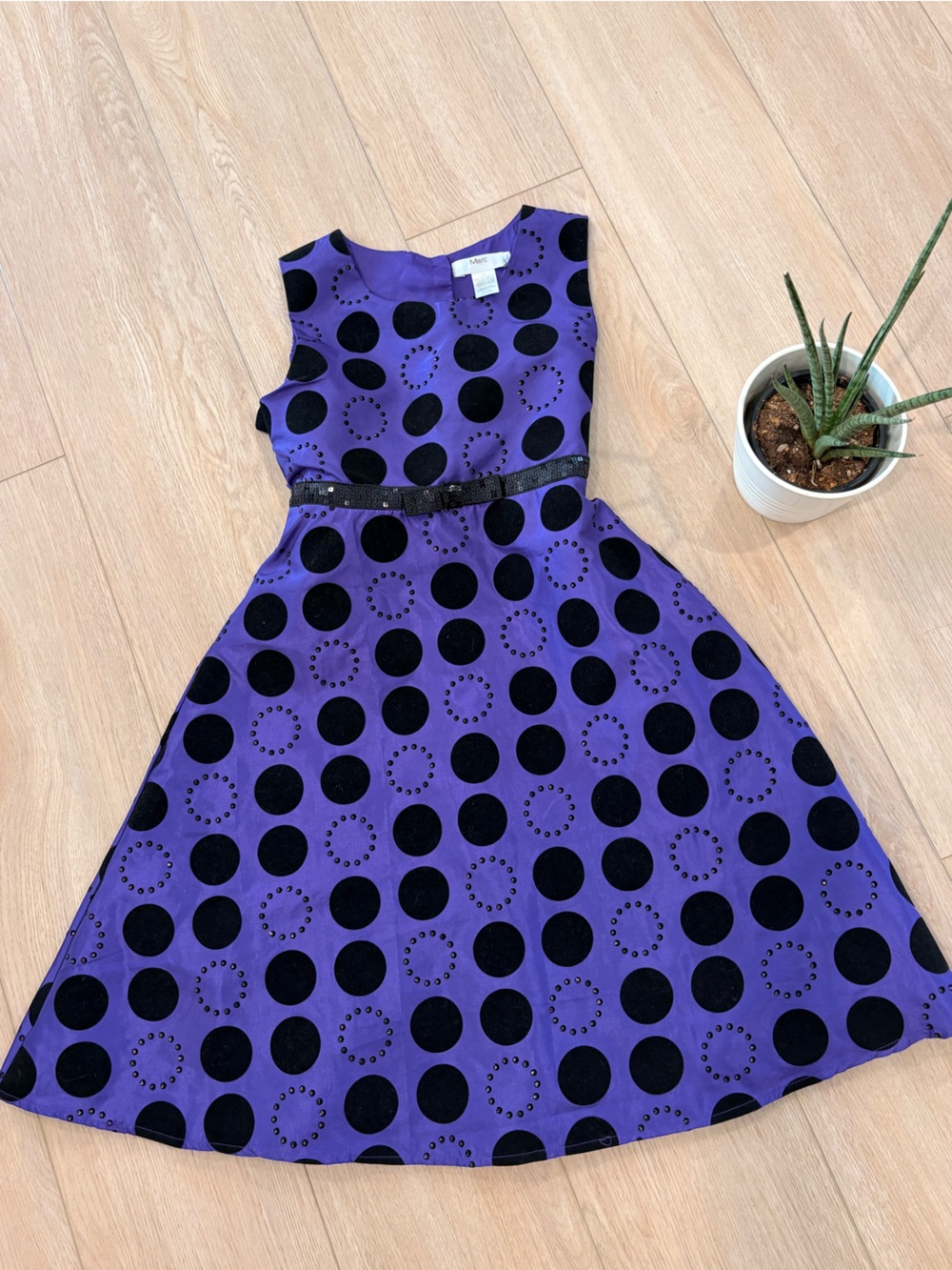 Girls' Purple Polka Dot Fit-and-Flare Dress with Black Belt